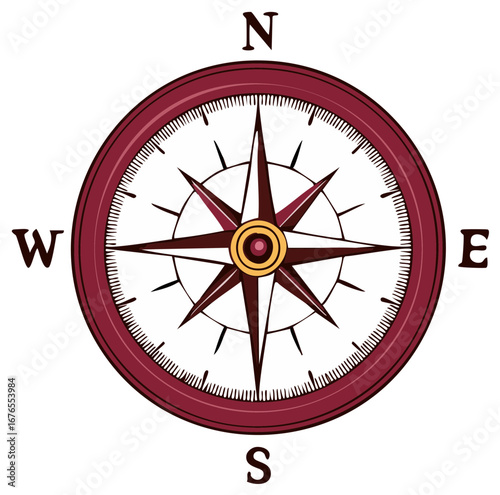 Vintage red compass rose vector illustration with cardinal directions for navigation, travel, and exploration
