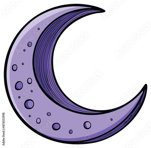 Vibrant purple crescent moon cartoon illustration with craters and dark outline