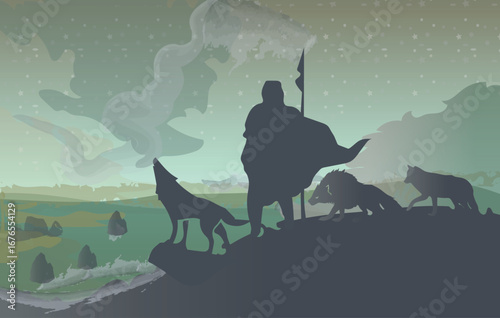 A unique vector design of a hill with foxes and a man, set against a calm blue background for creative design projects.