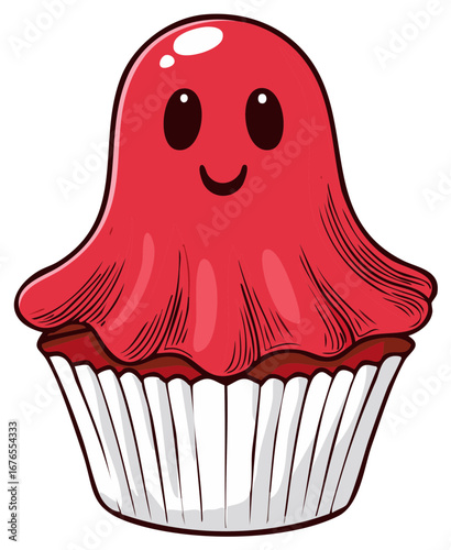Cute red ghost cupcake with a happy face and wavy frosting topping
