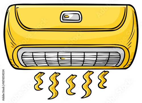 Cartoon air conditioner releasing cooling air. Illustration in bright yellow and hand drawn style.