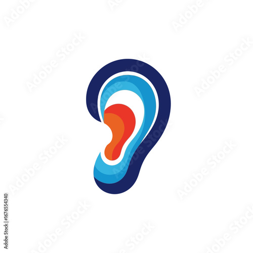 Stylized ear illustration with layered blue and red colors on a white background.