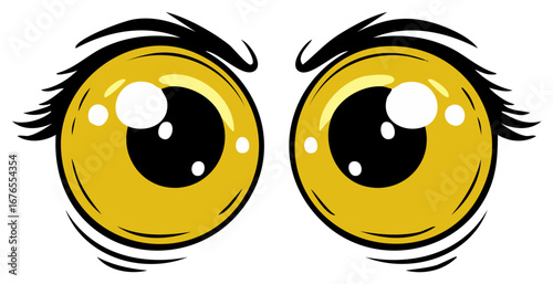 Cartoon yellow angry eyes vector illustration with thick brows and reflections showing emotion