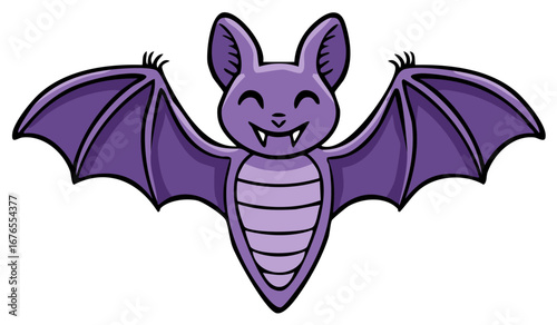 Cute purple cartoon bat with spread wings and happy expression