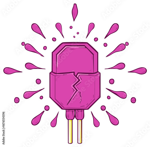 Broken Pink Heart Icon with Radiating Splash Drops Cartoon Vector