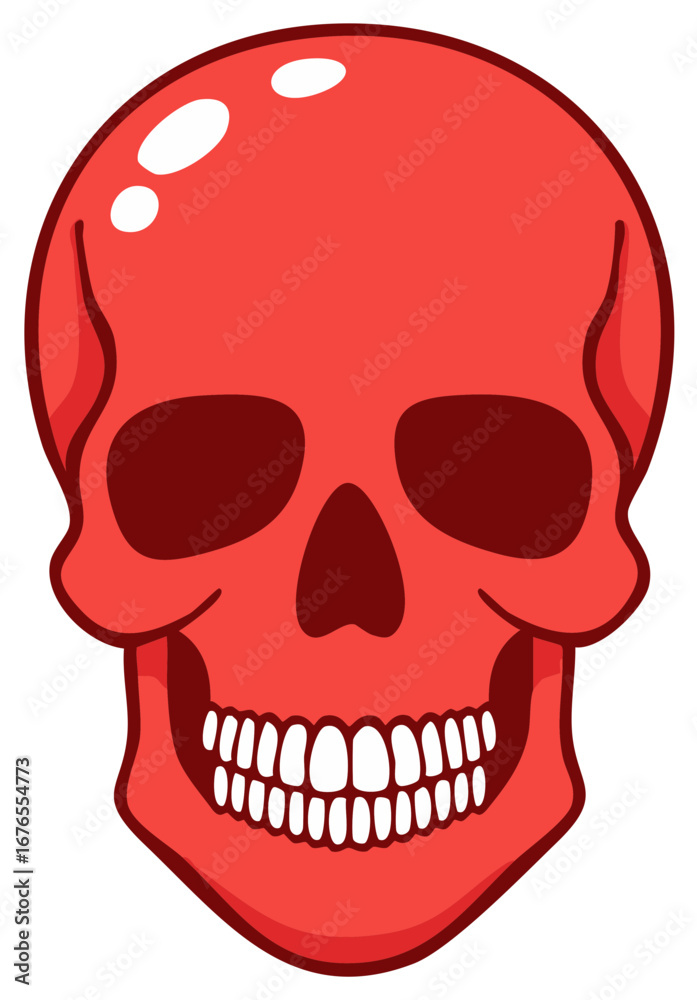 Fototapeta premium Human Skull in Red with White Teeth Cartoon Style Anatomy Symbol Horror