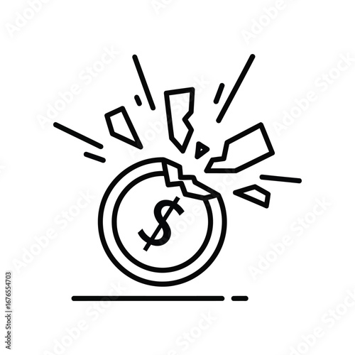 Financial Crisis: A stark black and white illustration of a shattered dollar coin, symbolizing financial distress, economic downturn, and the fragility of wealth.