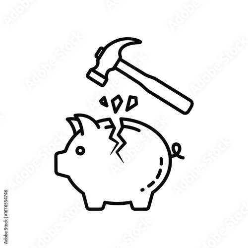 Broken Piggy Bank: A hammer strikes a piggy bank, illustrating a concept of financial struggles and challenges.