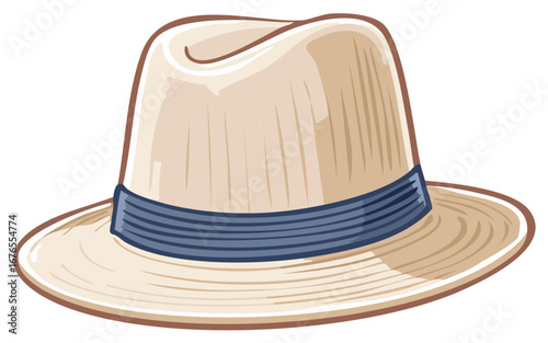 Elegant beige straw fedora hat with a blue ribbon band, a timeless summer fashion accessory for style and sun protection.