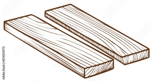 Isolated line art drawing of two wood planks for building and woodworking