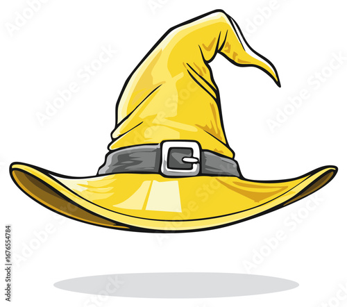 Golden witch's hat with a gray belt and buckle, cartoon style