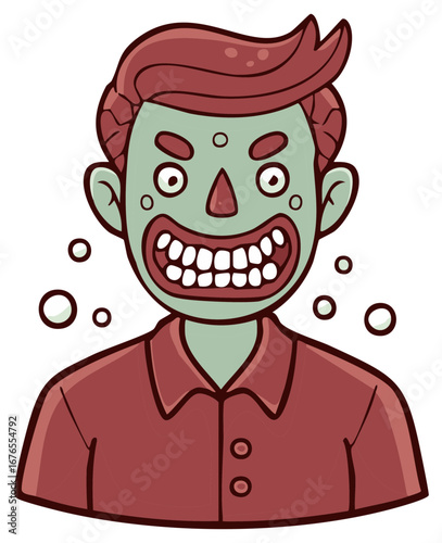 Cartoon character with a green face and exaggerated features expresses anger, or a frightening emotion.