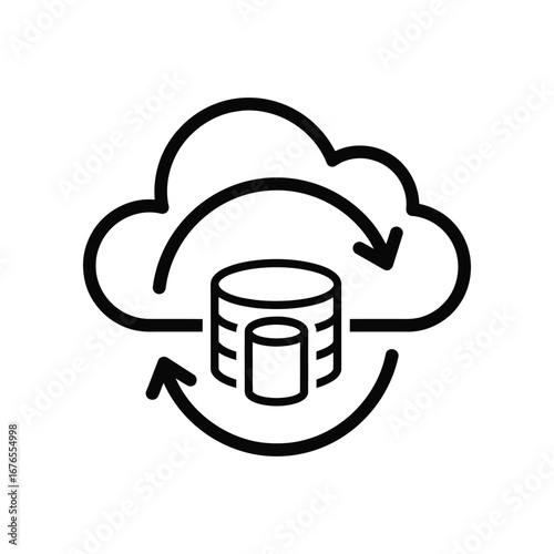 Cloud Database Sync Icon: A stylized monochrome icon showcases the seamless synchronization of a cloud with database, represented by the transfer of data and the continuous flow of information.