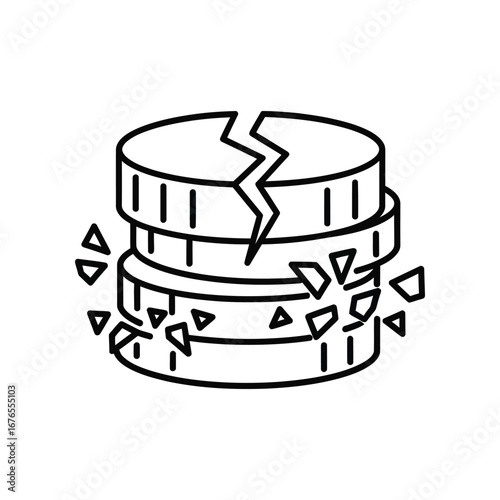 Cracked Coin Pile: A symbolic line art illustration depicting a stack of coins, fractured with a central crack, representing financial ruin, economic downturn, or the fragility of wealth. 