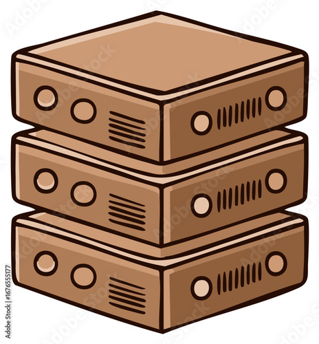 Stacked brown cartoon server units digital storage network equipment technology illustration