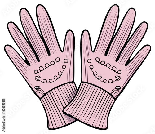 Pink Pair of Gloves with Decorative Design and Ribbed Cuffs Isolated Vector Illustration