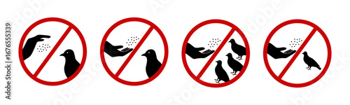 Stop, do not feed dove. No Hand feeds. Animal Forbidden, do not feed the birds on street city. Pigeons warning sign. Vector birds icons. Caution signbaord. Prohibited. Cross vector