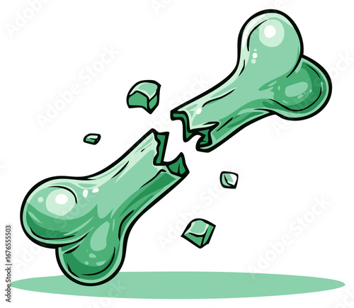 Stylized Green Bone Fracture with Splintered Ends Cartoon Illustration