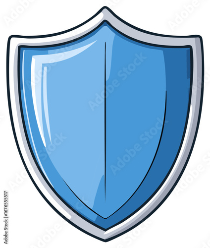 Stylized blue and silver shield icon, protection symbol with a cartoon illustration.