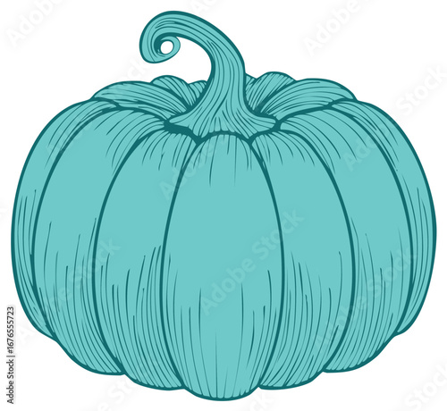 Illustration of a teal pumpkin with detailed line work suitable for Halloween or autumn themed designs