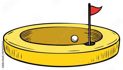 Cartoon Mini Golf Hole with Red Flag and Golf Ball Illustration