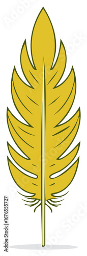 Illustrated yellow feather with green outline, isolated on white.