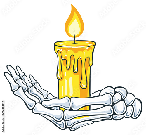 Burning Candle Held by Skeleton Hand - Spooky Halloween Concept Illustration
