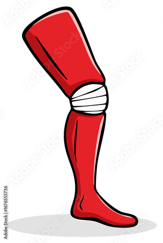 Stylized red prosthetic leg graphic with visible ligaments, symbolizing mobility, accessibility, or advancements in medical technology.