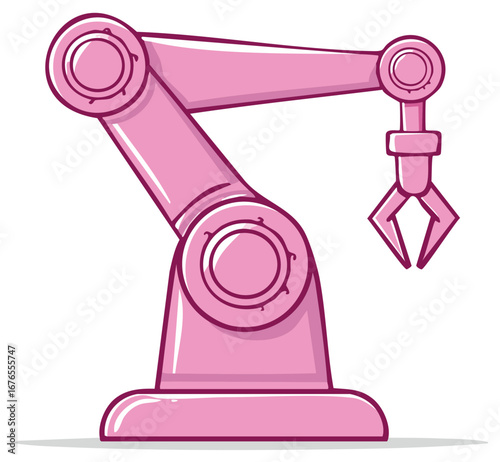 Cartoon illustration of a robotic arm in pink featuring a claw like manipulator, suitable for concepts related to automation
