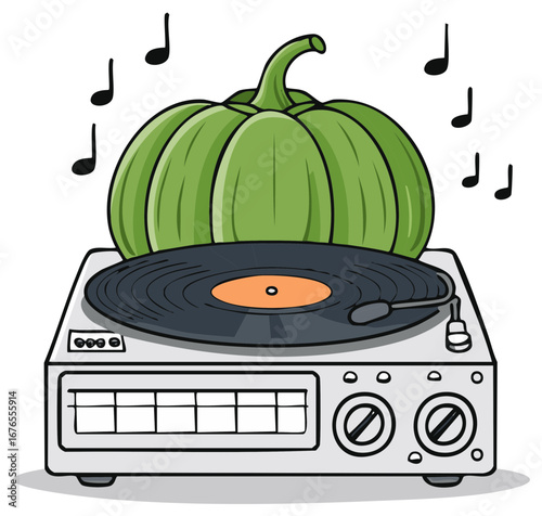 Cartoon pumpkin on a retro record player with musical notes
