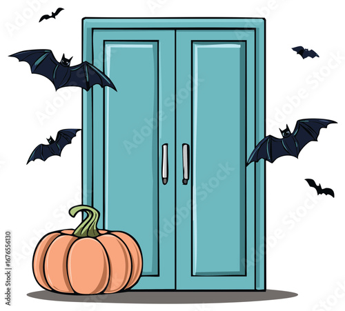 Halloween door decorated with a pumpkin and flying bats welcoming guests