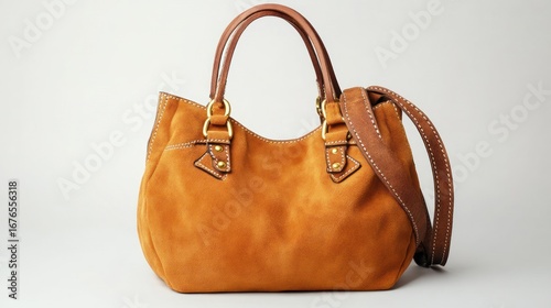 Elegant tan suede leather handbag with brown handles, showcasing timeless fashion and style