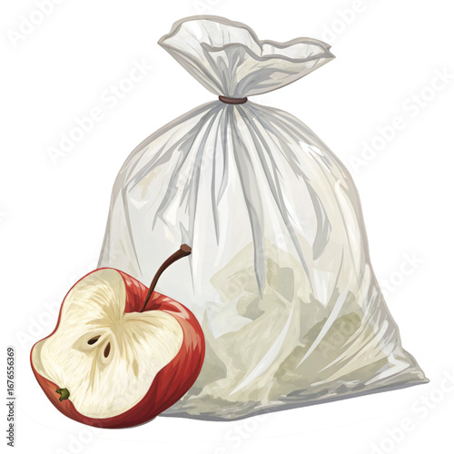 Discarded apple core beside a full transparent garbage bag, a symbol of waste, pollution, and environmental concerns for sustainability
