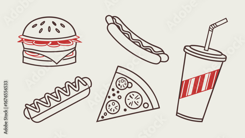 A stylized collection of fast food icons including a burger hot dogs pizza slice and a soda cup with straw