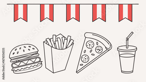 A festive line art illustration of fast food favorites including a burger fries pizza and drink under bunting