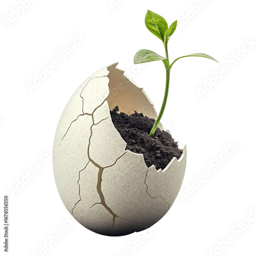 Delicate new sprout emerging from cracked eggshell, symbolizing hope, renewal, and the beauty of nature's resilience
