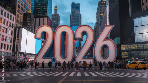 Giant 2026 numbers illuminate times square, new york city, on new years eve, celebrating the upcoming year