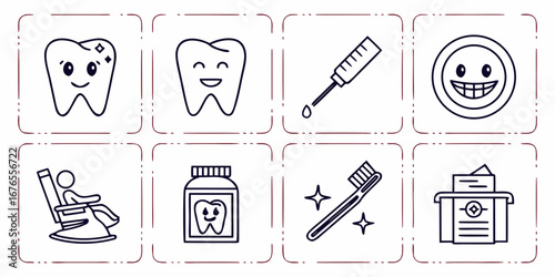 Collection of dental care icons representing healthy teeth dental treatments and oral hygiene practices