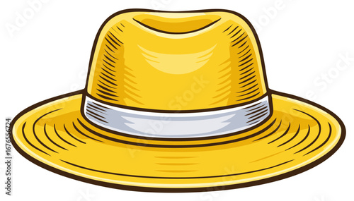 Stylish golden yellow fedora hat with white band isolated cartoon illustration