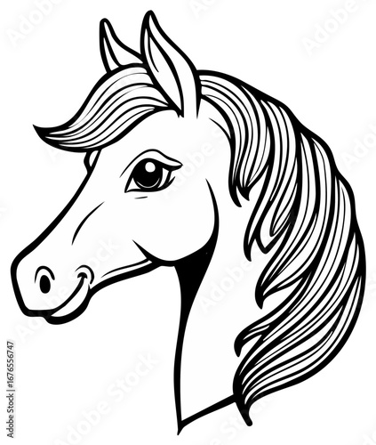 Detailed horse head illustration in black and white with flowing mane and neck for equestrian designs