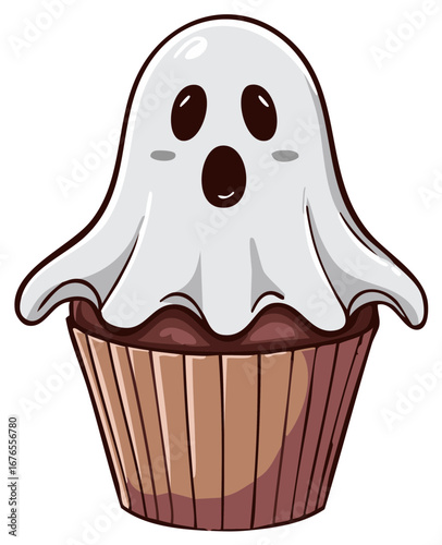 Cute Cartoon Ghost Topped Cupcake, Sweet Halloween Treat, Confectionery Spook Illustration