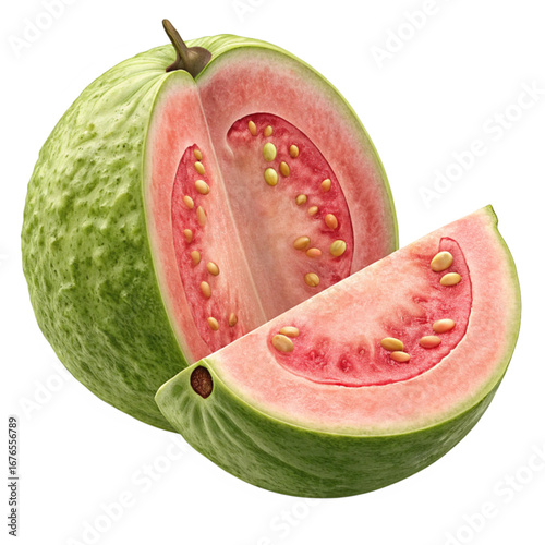 Delicious guava fruit, sliced open revealing juicy pink flesh, perfect for healthy eating, tropical smoothies and vibrant summer desserts
