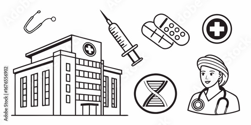Collection of medical icons including a hospital building nurse stethoscope syringe pills dna and cross symbol