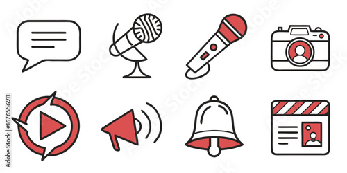 Collection of modern flat icons representing communication media and content creation tools with red accents