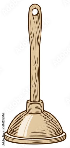 Cartoon illustration of a plunger with a wooden handle used for unclogging sink or toilet drains plumbing tool