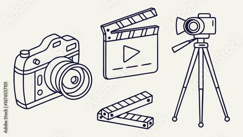 Collection of simple line art icons representing filmmaking and photography equipment on a light background