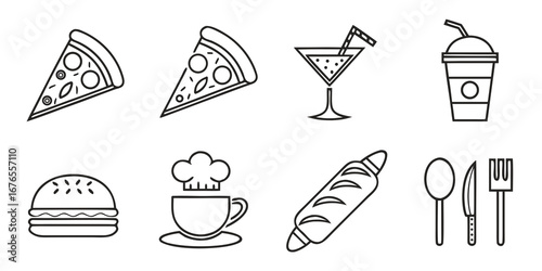 Collection of simple line art icons representing food and drinks including pizza cocktails coffee burgers bread and cutlery