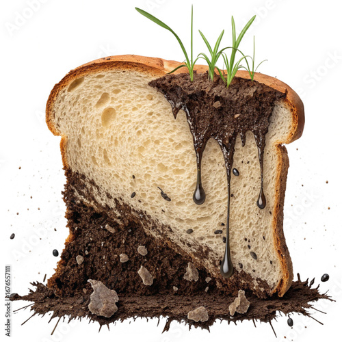 Unique slice of bread with soil, sprouts, and dripping oil for creative food concepts and nature inspired culinary designs