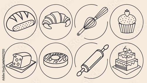 Collection of simple line art icons representing delicious baked goods and essential baking tools in circular frames