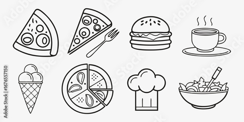 Collection of simple line art icons representing popular food and drink items including pizza burger ice cream coffee and salad